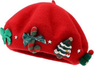 Generic Christmas Women Wool Beret Hat French Style Soft Warm Christmas Beret Hats Outdoor Vintage Xmas Hat for New Year Festive Party Red