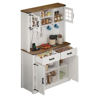 STILVORA Aparador De Cocina Con 2 Cajones, 4 Huecos, Estantes Ajustables, Led Y Enchufes, En Mdf, Marr&oacute;n Y Blanco