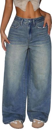 Generic Wide Leg Jeans for Women High Waisted Retro Distressed Baggy Jeans Casual Loose Straight Leg Denim Pants Vintage Boyfriend Denim Trousers Y2k Streetwe
