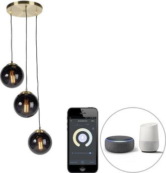 QAZQA Art D&eacute;co L&aacute;mpara Colgante Inteligente Lat&oacute;n Con Cristal Negro 3 Luces Con Wifi St64 - Pallon Vidrio /acero Alargada /esfera Adecuado Para Led Max. 3 X