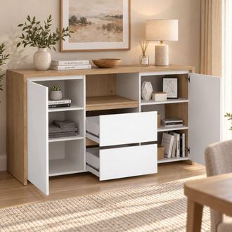Dmora Dmora - Credenza Audrey, Buffet Da Soggiorno, Madia Da Salotto, Dispensa Da Cucina, 149x48 H84 Cm, Rovere E Bianco Lucido