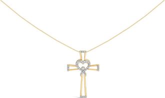 House of Brilliance 14K Yellow Gold Plated Silver 1/6 Cttw Diamond Heart and Ribbon Cross Pendant at Nordstrom