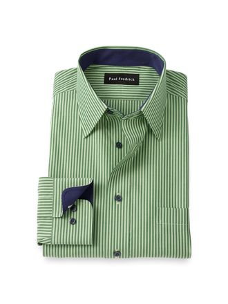 Paul Fredrick Non-iron Cotton Stripe Dress Shirt With Contrast Trim