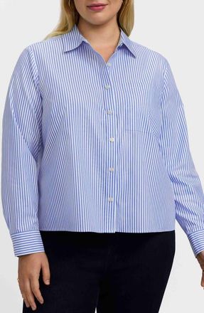 Foxcroft Jodie Stripe Cotton Button-Up Blouse in Powder Blue/White at Nordstrom, Size 1X