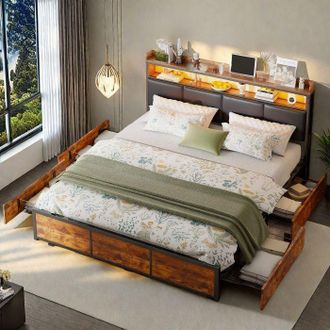 OEM Cama Doble 180x200 Cm Estilo Industrial Con Led Rgb, Cajones Y Cabecera De Cuero, Madera Tigre Negra, Compartimentos De Almacenamiento Abiertos