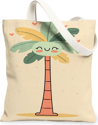 Generic Cute Palm Tree Canvas Tote Bags, Playful Plant Design Reusable Grocery Bags, Summer Lightweight Washable Shoulder Strap Can, Beige, 13x15 Inch