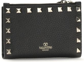 Valentino Garavani Womens Rockstud Zip Card Holder Nero Calf Leather Bos Taurus Wallet