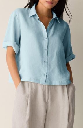 Eileen Fisher Classic Collar Elbow Sleeve Organic Linen Button-Up Shirt in Breeze at Nordstrom, Size Xx-Small