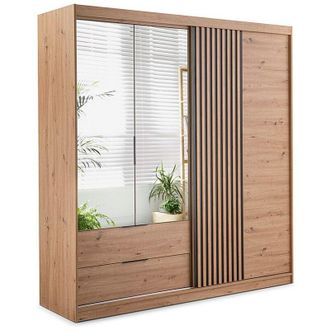 Vente-Unique Armadio 3 ante e 2 cassetti Con specchio L203 cm Naturale e nero - SIDOVIA