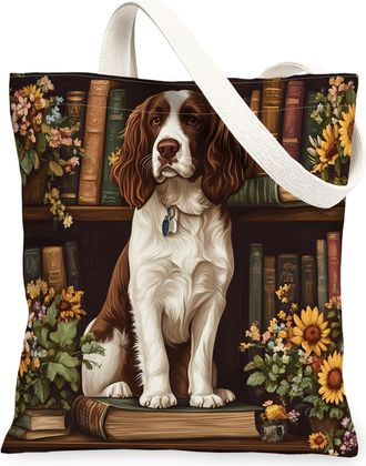 Generic Spring Springer Spaniel Dog Canvas Tote Bag for Shopping 13x15, Flower Bookshelf Puppy Reusable Grocery Print Bag for Women, Fun Pet Beach Aesthetic P