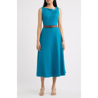 Anne Klein Pleated Asymmetric Belted Dress in Teal at Nordstrom, Size 10