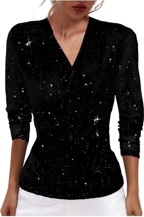 Generic Womens Sparkly Tops Shiny Elegant Lightweight Blouses Glitter Tunic Tops Sparkle Solid Slim Fit Shirts Mesh Long Sleeve V Neck Top Breathable Ladies C