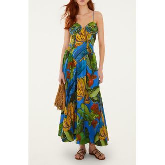 Farm Rio Fruit Print Linen Blend Maxi Dress in Blue at Nordstrom, Size Xx-Small