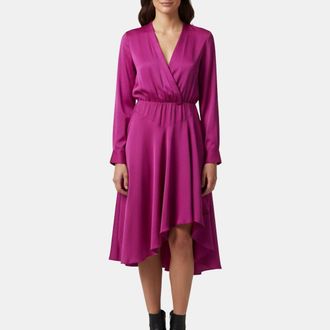 Maje Pink Satin Crepe Asymmetric Rushia Midi Dress