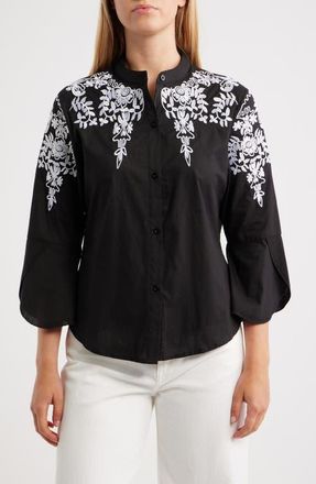 Nikki Lund Veronique Embroidered Cotton Button-Up Shirt in Black at Nordstrom, Size Xx-Small