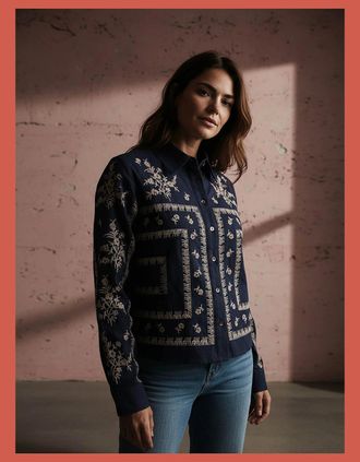 Nooki Design Womens Sienna Embroidered Cropped Shirt In Dark Navy - Size: 10/8