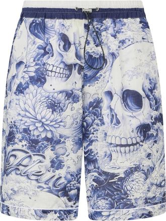 Philipp Plein Linnen Bowling Shorts All-Over Ceramic - Heren - Korte Broeken - Blauw - XL - Linnen - Korte Broeken