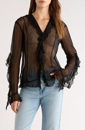 Staud Kellcy Sheer Ruffle Sleeve Top in Black at Nordstrom, Size 10