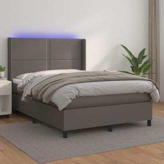 vidaXL Vidaxl - Cama Box Spring Colch&oacute;n Y Led Cuero Sint&eacute;tico Gris 140x190 Cm