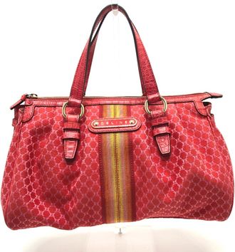 Celine Macadam Red Color Canvas Leather Handbag Tote Bag (Pre-Owned)