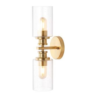 Jonathan Y Designs Jules Cylinder 2-Light Iron/Seeded Glass Farmhouse Contemporary LED Wall Sconce in Brass Gold at Nordstrom