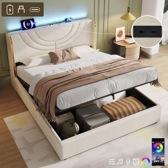 Matteo King Upholstered Bed Frame - Hydraulic Storage, LED Headboard, Beige