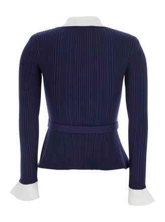 Self Portrait Ribbed Cotton-Blend Cardigan - Navy