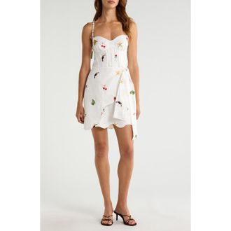 Farm Rio Cool Day Embroidered Side Tie Linen Minidress in Off-White at Nordstrom, Size X-Small