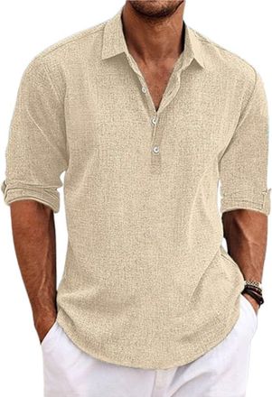Generic Mens Linen Long Sleeve Button-Up Lapel Shirts,Sleeve Casual Beach Shirt with Stand Collar Loose Fit Summer Top,Casual Summer Beach Shirt (Khaki,XXL)
