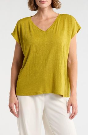 Eileen Fisher V-Neck Organic Linen T-Shirt in Golden Pear at Nordstrom Rack, Size Xx-Small