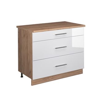 Vicco Mueble Bajo De Cocina Fame-line, Blanco Alto Brillo/roble Dorado, 100 Cm, Et Roble, Vicco
