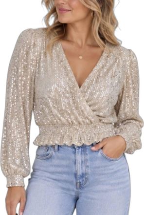 Q2 Sequin Cross Over Cropped And Sheer Top In Cream/beige