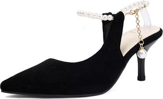 Generic Womens Pearl Ankle Strap Wedding Dress Shoes Faux Suede Slingback Bridal Sandals Stiletto High Heel Evening Party Prom Pumps,Black,2.5 UK