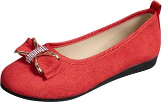 Generic Red Slip-On Flats with Bow Detail for Women Round Toe Closed Toe Breathable Shallow Mouth Low Heel Comfortable Casual Wear Plush Upper