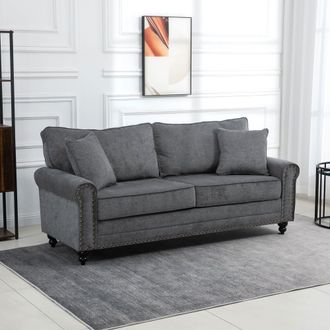 HOMCOM 3 Seater Sofas Fabric Sofa with Nailhead Trim Cushions & Throw Pillows in Grey