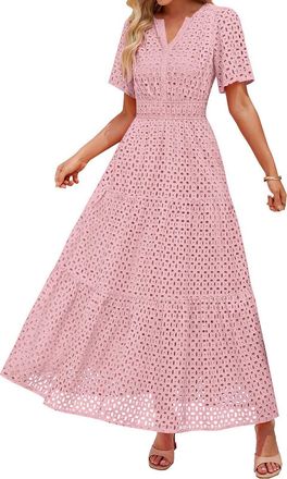 Generic Womens 2025 Summer Short Sleeve Maxi Dress Casual V Neck Hollow Out Eyelet Ruffle Swing A Line Long Dresses Casual Summer Dresses for Women Long (Hot 