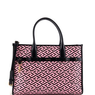Versace Top Handle Tote La Greca Signature Coated Canvas Medium