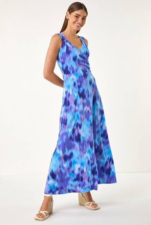Roman Abstract Print Gathered V-Neck Maxi Dress