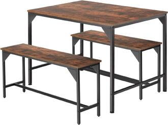 TecTake Juego de bancos y mesa de comedor de estilo industrial, madera oscura