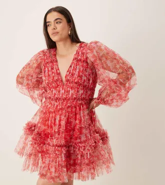 Lace & Beads Plus Vestito corto rosso a fiori in organza con maniche a palloncino