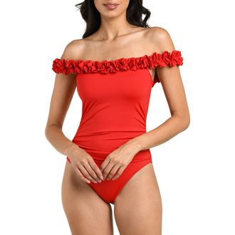 La Blanca Island Goddess Off the Shoulder One-Piece Swimsuit in Ruby at Nordstrom, Size 14