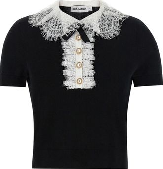 Self Portrait Black Lace Collar Wool Top