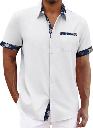 Generic Hawaiian Shirt for Men Summer Textured T-Shirts with Pocket Floral Shirts Casual Short Sleeve Button Up Tropical Tops Camisa De Manga Larga(White, L)