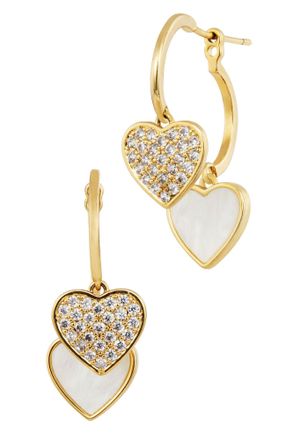 Savvy Cie Jewels GOLD PLATED OVER BRASS MOTHER OF PEARL PAVE HEART FRONT BACK HOOP EARRINGS