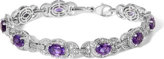 House of Brilliance Sterling Silver Oval Purple Amethyst and Diamond Interlocking Halo Link Bracelet