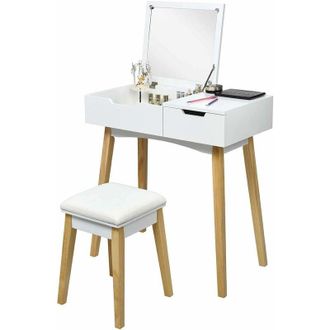 Costway Toeletta con Specchio, Tavolo da Trucco Specchiera con Sgabello e Cassetto, Organizer Cosmetici in Legno, per Camera da Letto, Bianco