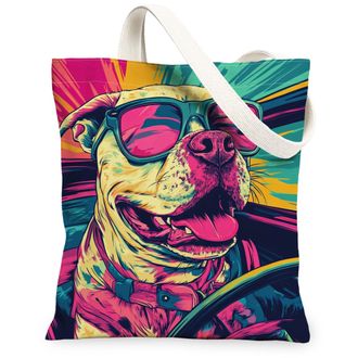 Generic Pitbull Dog Canvas Tote Bag for Shopping 13x15, Pop Aesthetic Funky Puppy Reusable Grocery Print Pattern Bag for Women, Cool Pet Beach Aesthetic Paint