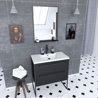 Aurlane Aurlane - Pack Mueble De Ba&ntilde;o 80x50 Negro Mate - 2 Cajones Negro Mate - Lavabo Blanco + Espejo
