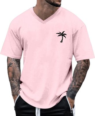 Generic Mens Shirts Short Sleeve Summer Beach Coconut Print V Neck Shirt Lightweight Comfortable Sports Athletic Running Basic Tees, Pink, XXL