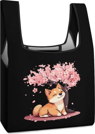 Generic Shiba Inu Dog Japanese Cherry Flower Shopping Bag Reusable Grocery Tote Bag Foldable Handbag for Travel Picnic